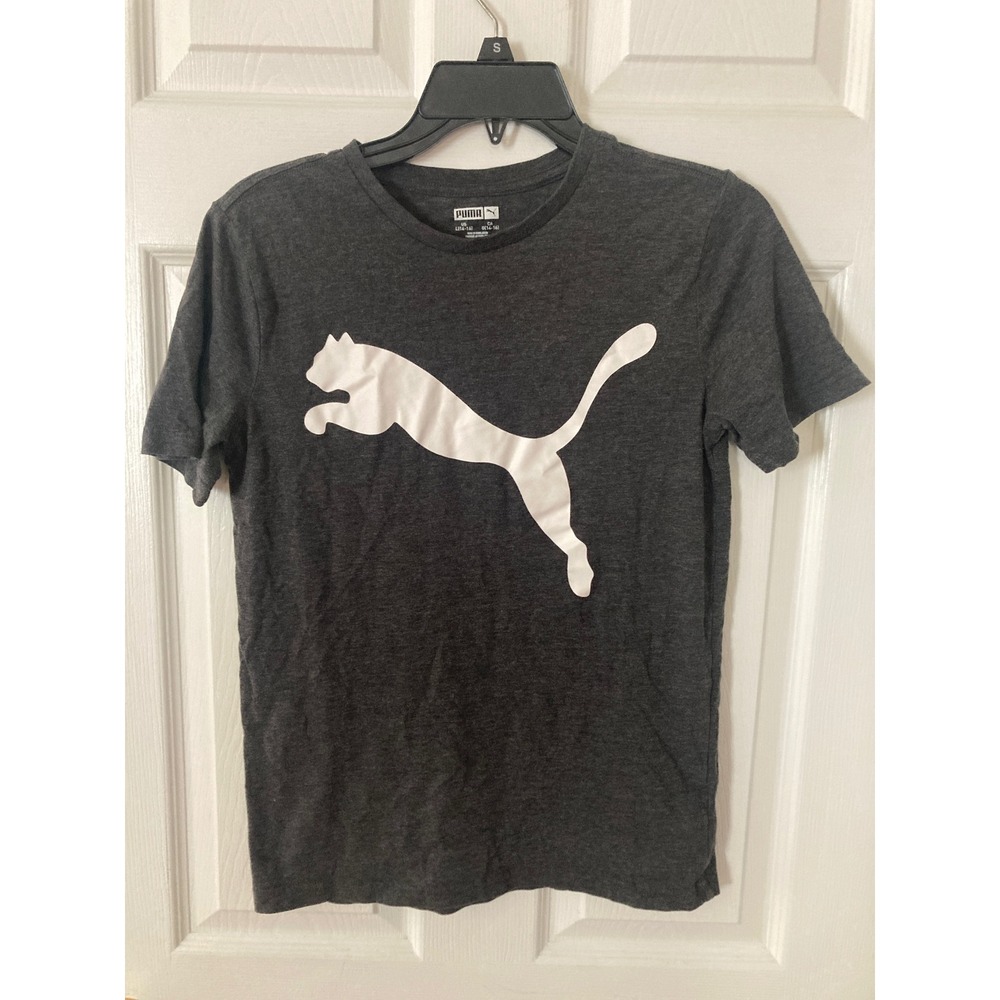 Puma girls Large 14-16 Graphic T-Shirt Charcoal Grey White Big Logo Short Sleeve